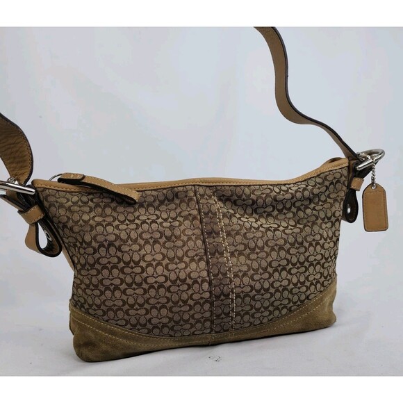 Coach Signature C Jacquard Suede Hobo Shoulder Bag Purse Tan Brown F10945 - Picture 5 of 16